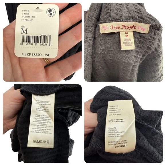 Free People Waffle Knit Long Sleeve Top MEDIUM Open Back Oversized Juicy Black - Picture 13 of 13